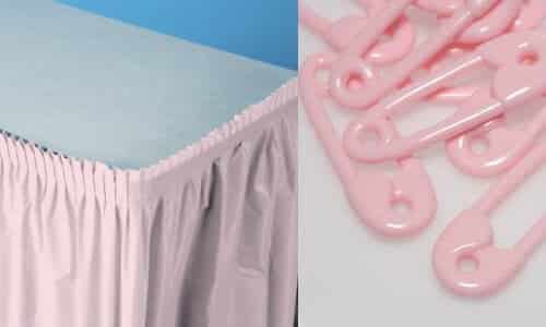 Left: pink banquet table skirting via Become.com merchant; Right: pink diaper pins via Become.com merchant