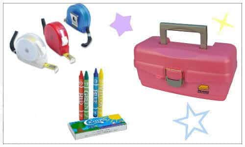 pink tackle box, 4 pack crayons, retractable measuring tape