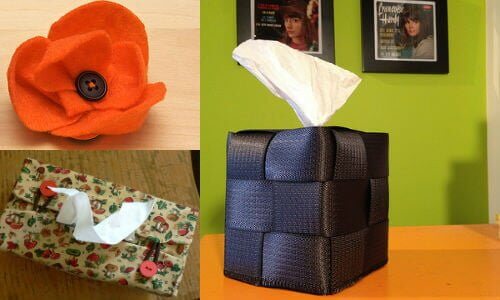 Top Left: “Craft flowers” | by penguincakes (https://farm5.staticflickr.com/4057/4715349827_c7988029a9.jpg); Top Bottom: “Tissue Box Cover (Living Room) –top view” | by Salihan Laugesen (https://farm4.staticflickr.com/3077/4562504080_3be548c5c4.jpg); Right: “seat belt tissue box cover” | by alamodestuff (https://farm8.staticflickr.com/7171/6790397211_2b9290bb30.jpg) via Creative Commons