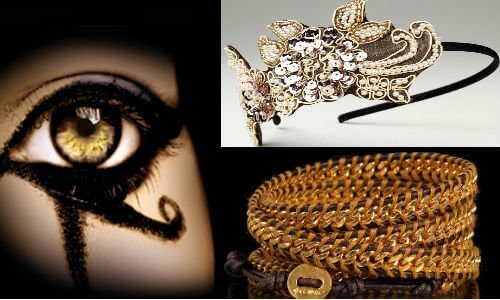 Left: ” Cleopatra Eye” | by MunkeyGorfette (https://farm2.staticflickr.com/1006/5184557496_b910c6ed48.jpg) via Creative Commons; Top Right: "Sequin headbands" by Become.com merchant; Bottom Right: "Chan luu wrap bracelet" by Become.com merchant
